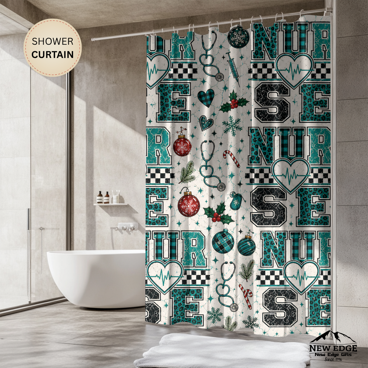 Christmas Nurse Shower Curtain Faux Patchwork Stethoscope Heartbeat Teal Plaid Nursing Holiday Bathroom Decor Nurse Gift