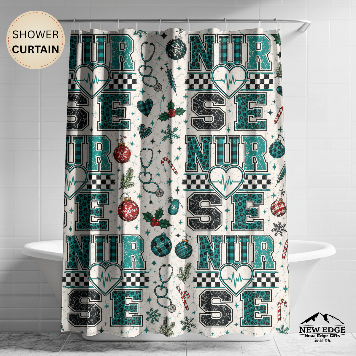 Christmas Nurse Shower Curtain Faux Patchwork Stethoscope Heartbeat Teal Plaid Nursing Holiday Bathroom Decor Nurse Gift