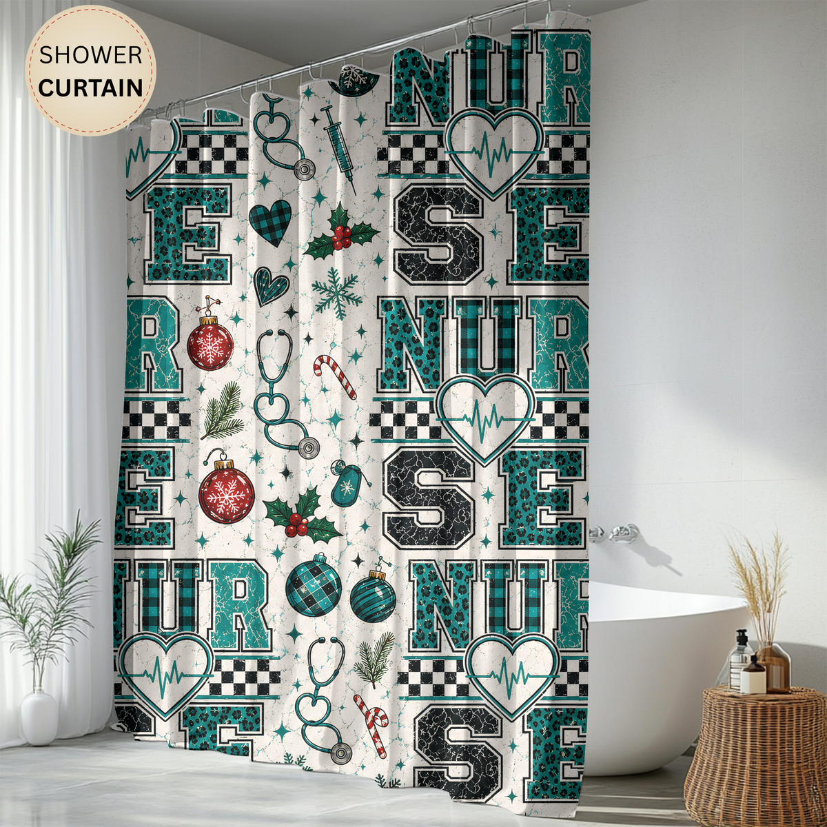 Christmas Nurse Shower Curtain Faux Patchwork Stethoscope Heartbeat Teal Plaid Nursing Holiday Bathroom Decor Nurse Gift