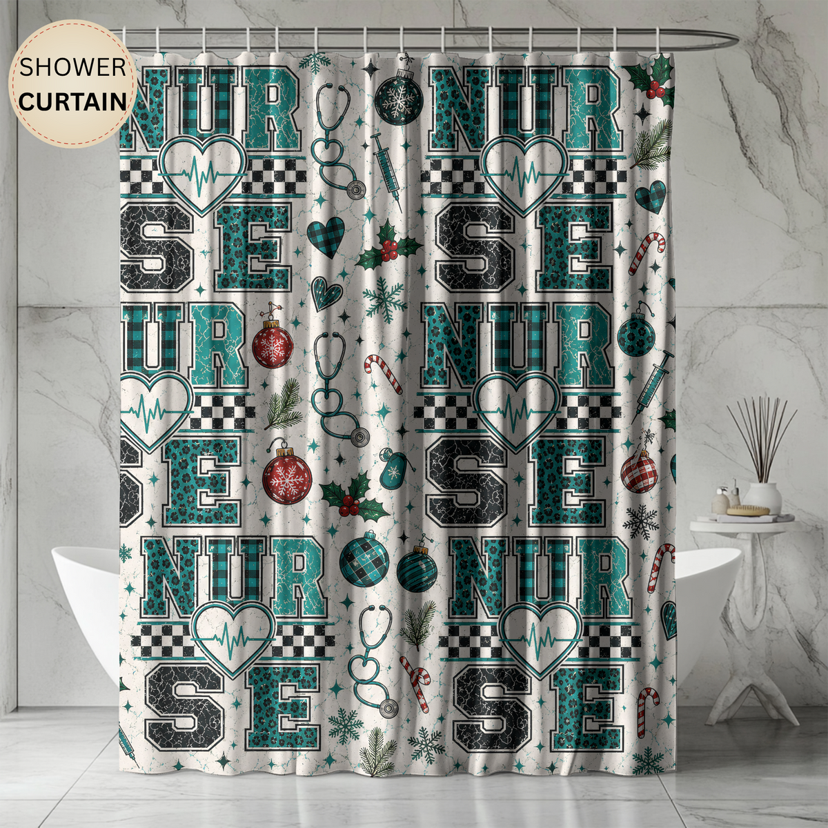 Christmas Nurse Shower Curtain Faux Patchwork Stethoscope Heartbeat Teal Plaid Nursing Holiday Bathroom Decor Nurse Gift