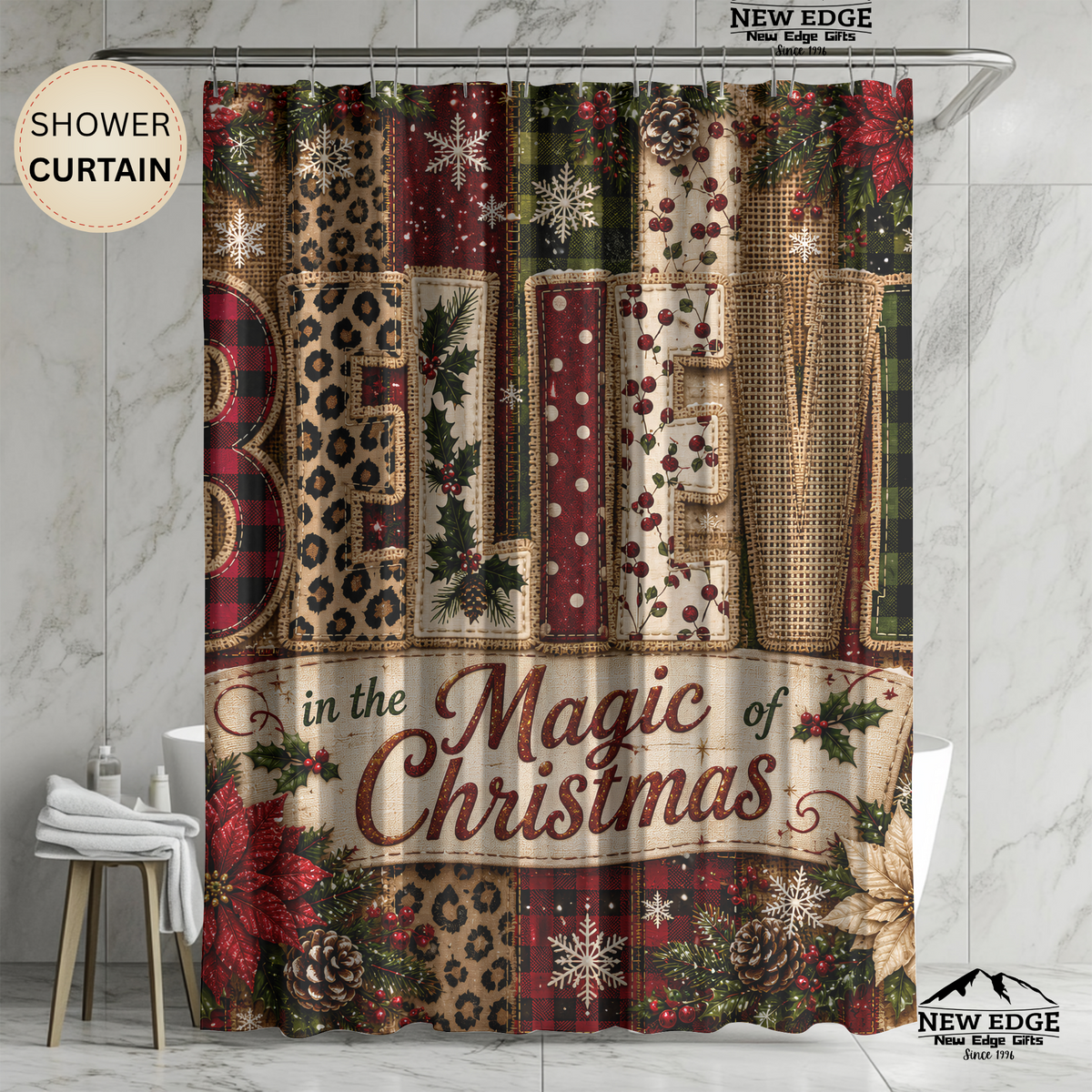 Believe in Christmas Shower Curtain Faux Patchwork Plaid Leopard Poinsettia Rustic Farmhouse Holiday Bathroom Decor