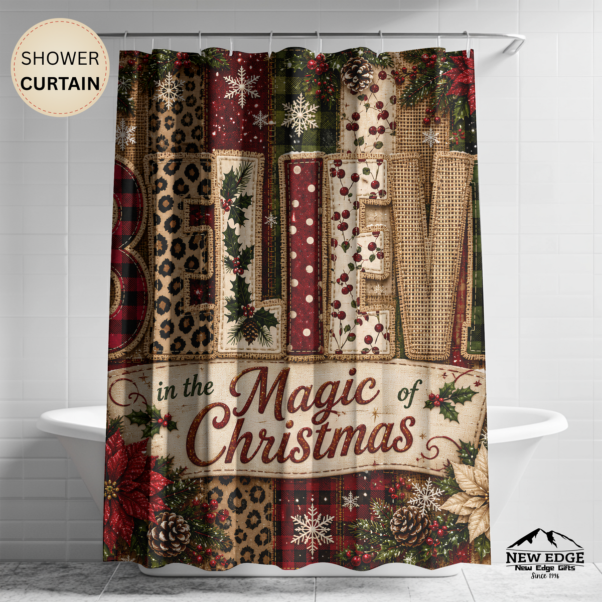 Believe in Christmas Shower Curtain Faux Patchwork Plaid Leopard Poinsettia Rustic Farmhouse Holiday Bathroom Decor