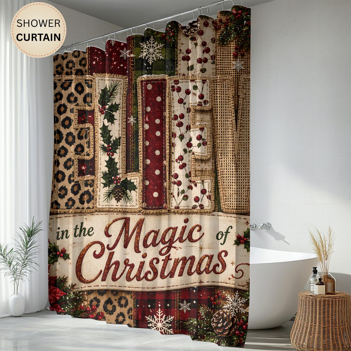 Believe in Christmas Shower Curtain Faux Patchwork Plaid Leopard Poinsettia Rustic Farmhouse Holiday Bathroom Decor