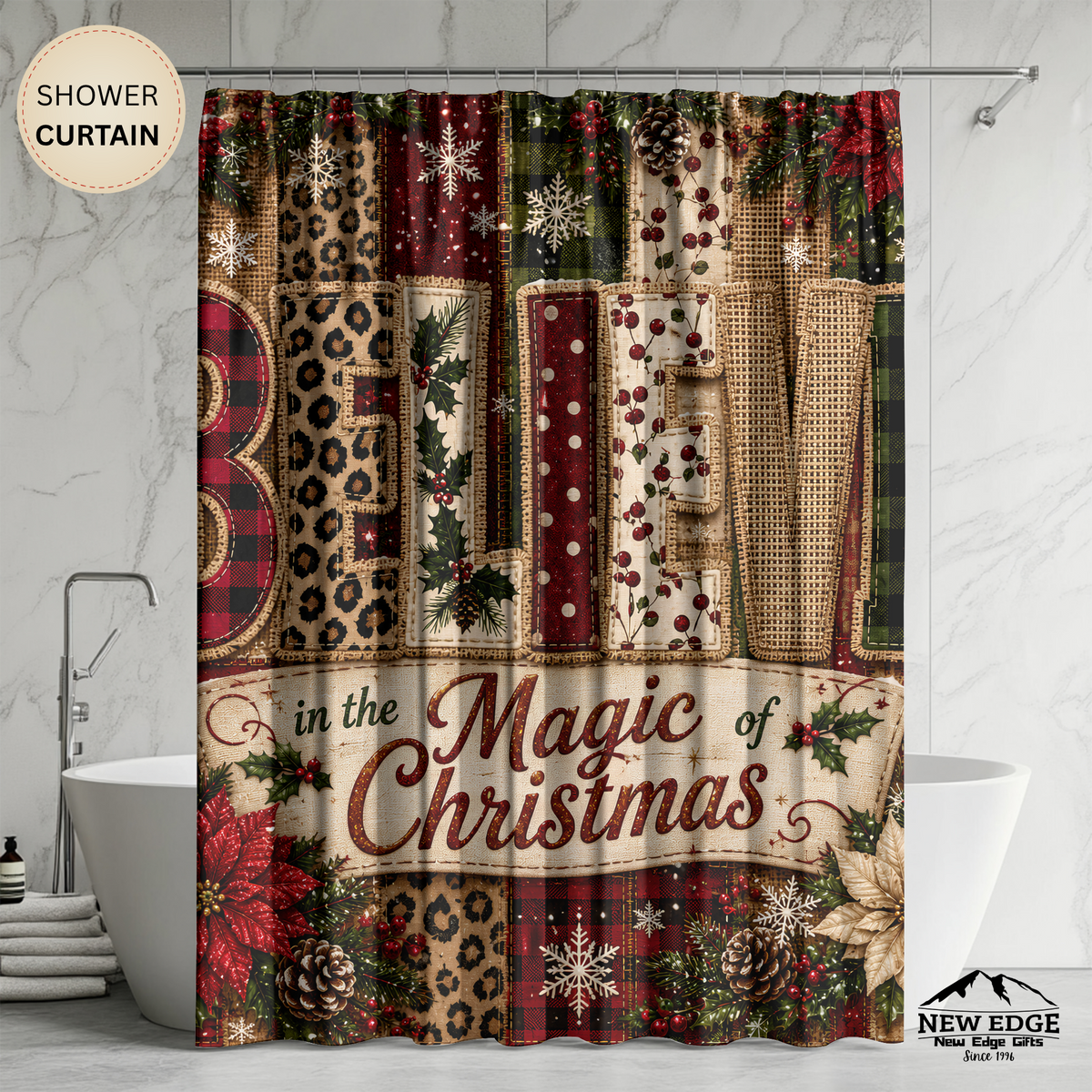 Believe in Christmas Shower Curtain Faux Patchwork Plaid Leopard Poinsettia Rustic Farmhouse Holiday Bathroom Decor