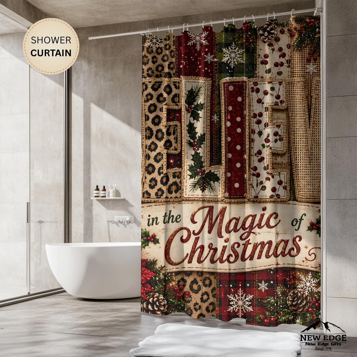 Believe in Christmas Shower Curtain Faux Patchwork Plaid Leopard Poinsettia Rustic Farmhouse Holiday Bathroom Decor