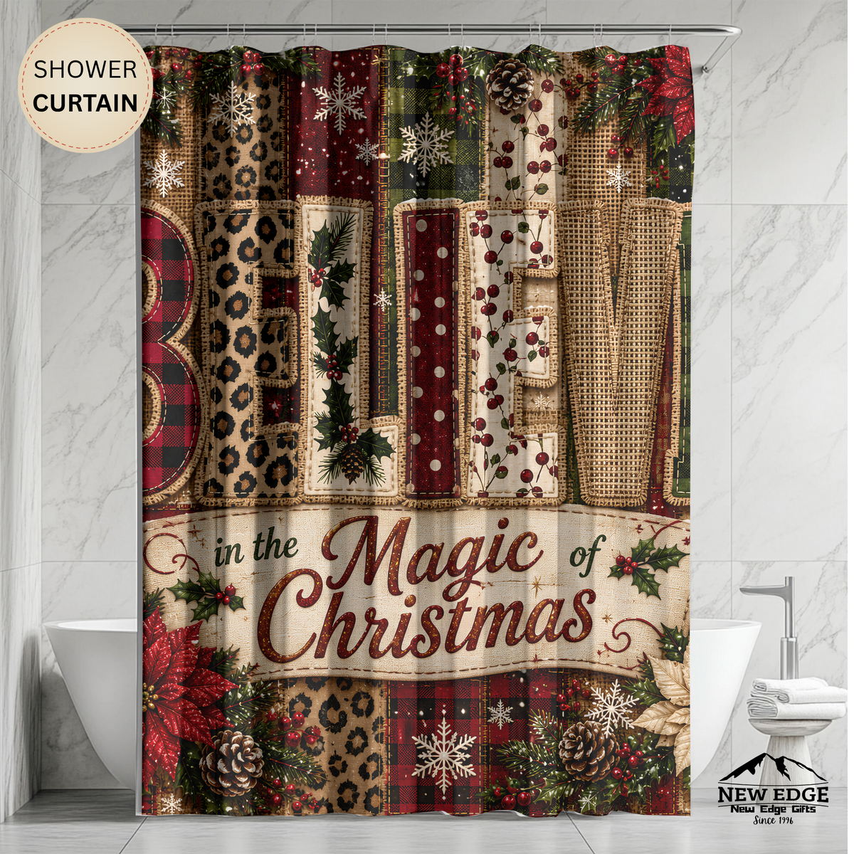 Believe in Christmas Shower Curtain Faux Patchwork Plaid Leopard Poinsettia Rustic Farmhouse Holiday Bathroom Decor