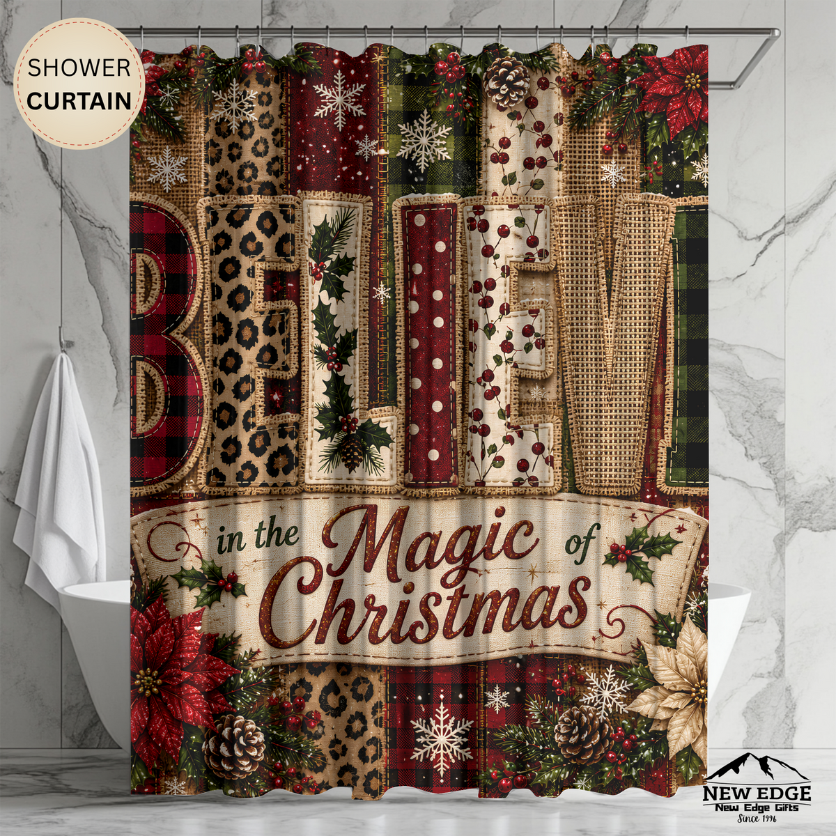 Believe in Christmas Shower Curtain Faux Patchwork Plaid Leopard Poinsettia Rustic Farmhouse Holiday Bathroom Decor