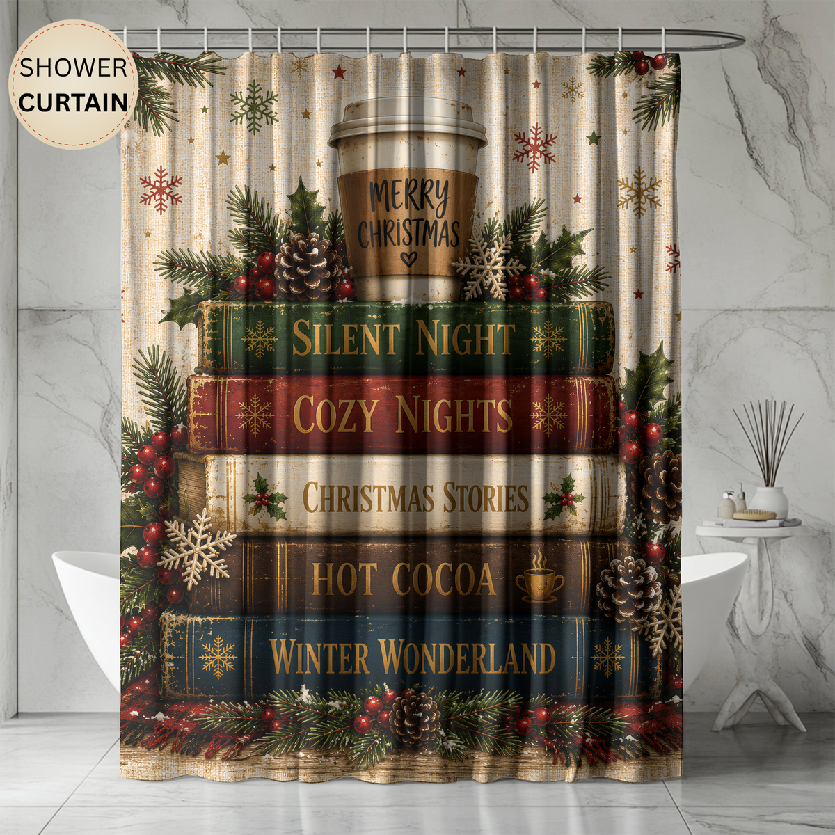 Christmas Book Stack Shower Curtain Silent Night Hot Cocoa Winter Wonderland Rustic Farmhouse Holiday Bathroom Decor