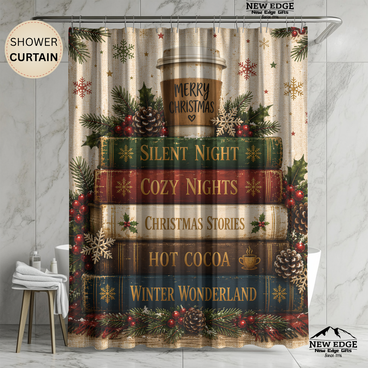 Christmas Book Stack Shower Curtain Silent Night Hot Cocoa Winter Wonderland Rustic Farmhouse Holiday Bathroom Decor