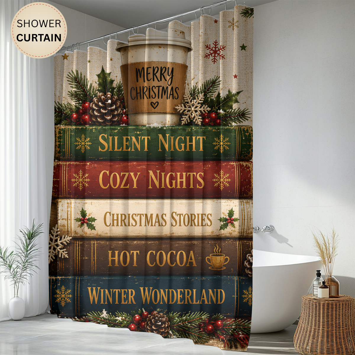 Christmas Book Stack Shower Curtain Silent Night Hot Cocoa Winter Wonderland Rustic Farmhouse Holiday Bathroom Decor