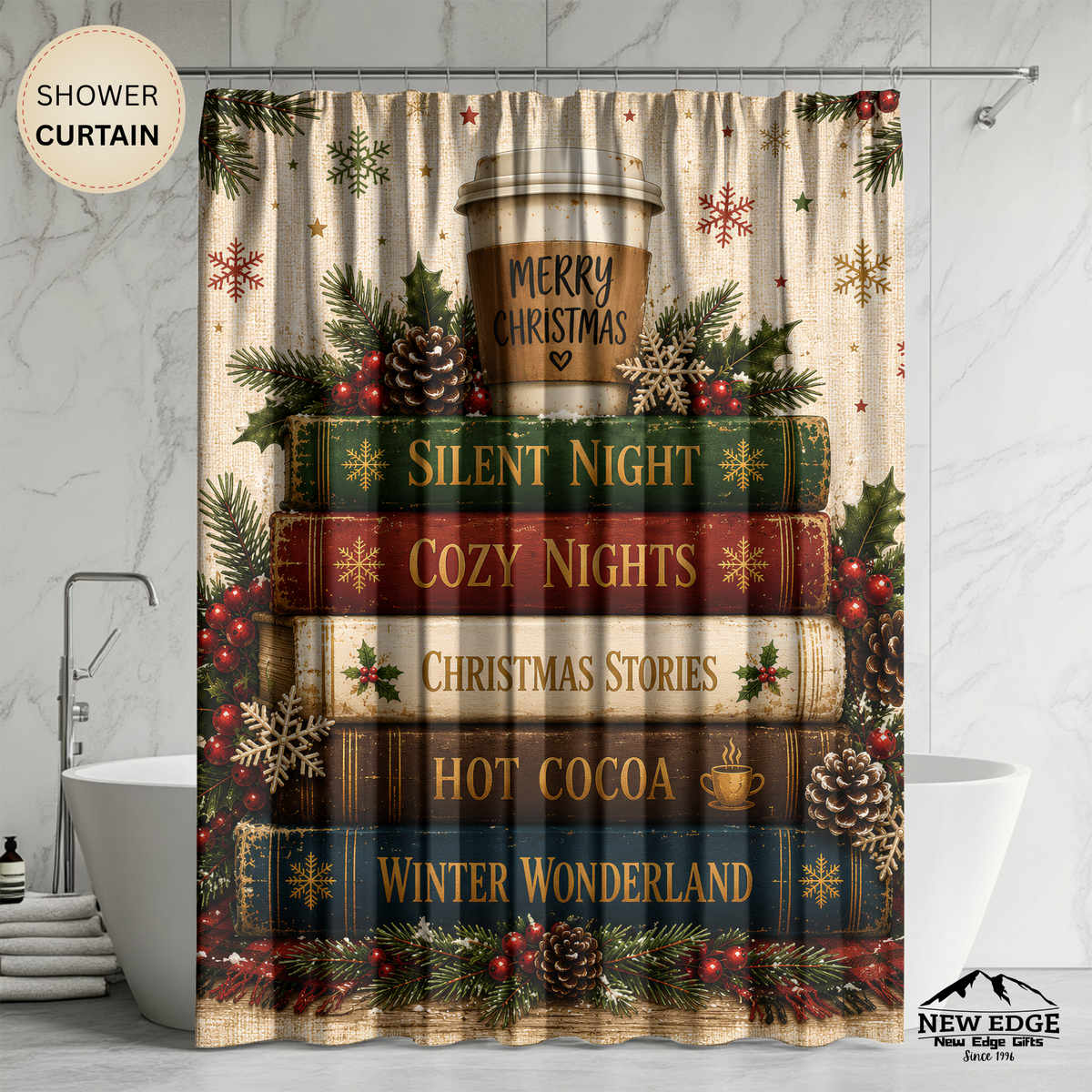 Christmas Book Stack Shower Curtain Silent Night Hot Cocoa Winter Wonderland Rustic Farmhouse Holiday Bathroom Decor