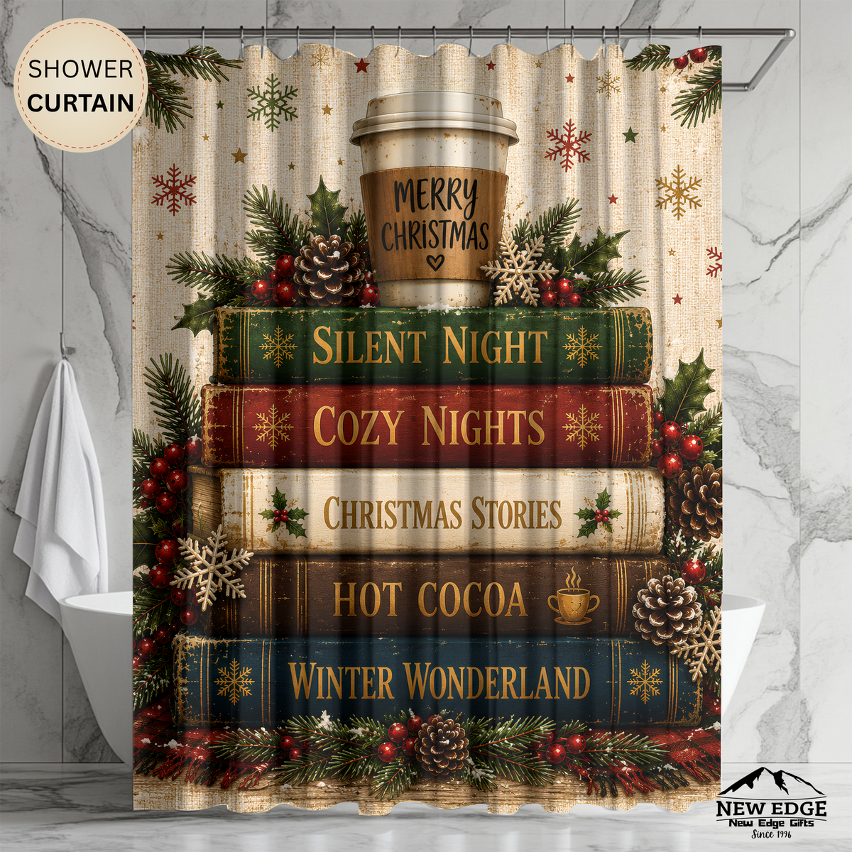 Christmas Book Stack Shower Curtain Silent Night Hot Cocoa Winter Wonderland Rustic Farmhouse Holiday Bathroom Decor