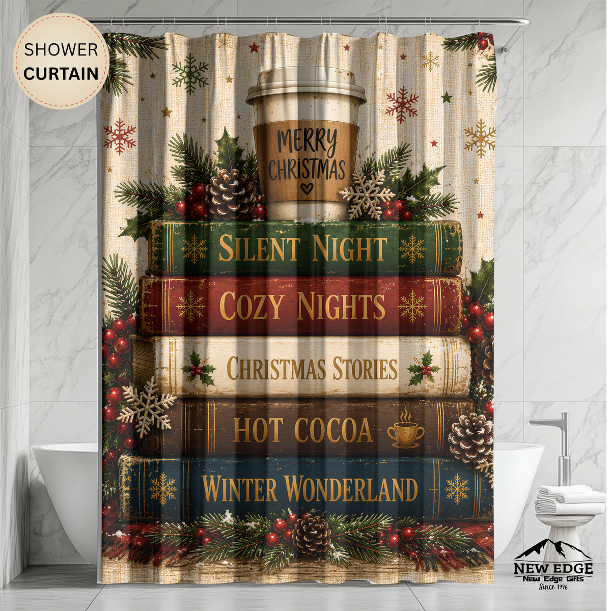 Christmas Book Stack Shower Curtain Silent Night Hot Cocoa Winter Wonderland Rustic Farmhouse Holiday Bathroom Decor