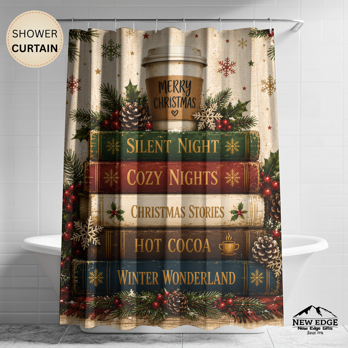 Christmas Book Stack Shower Curtain Silent Night Hot Cocoa Winter Wonderland Rustic Farmhouse Holiday Bathroom Decor