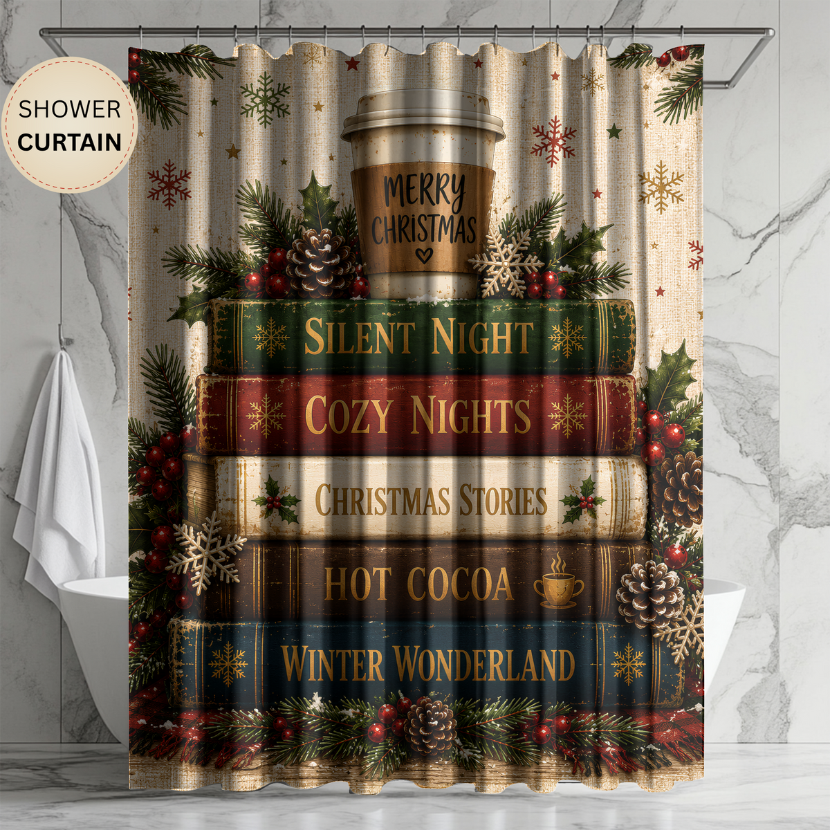 Christmas Book Stack Shower Curtain Silent Night Hot Cocoa Winter Wonderland Rustic Farmhouse Holiday Bathroom Decor