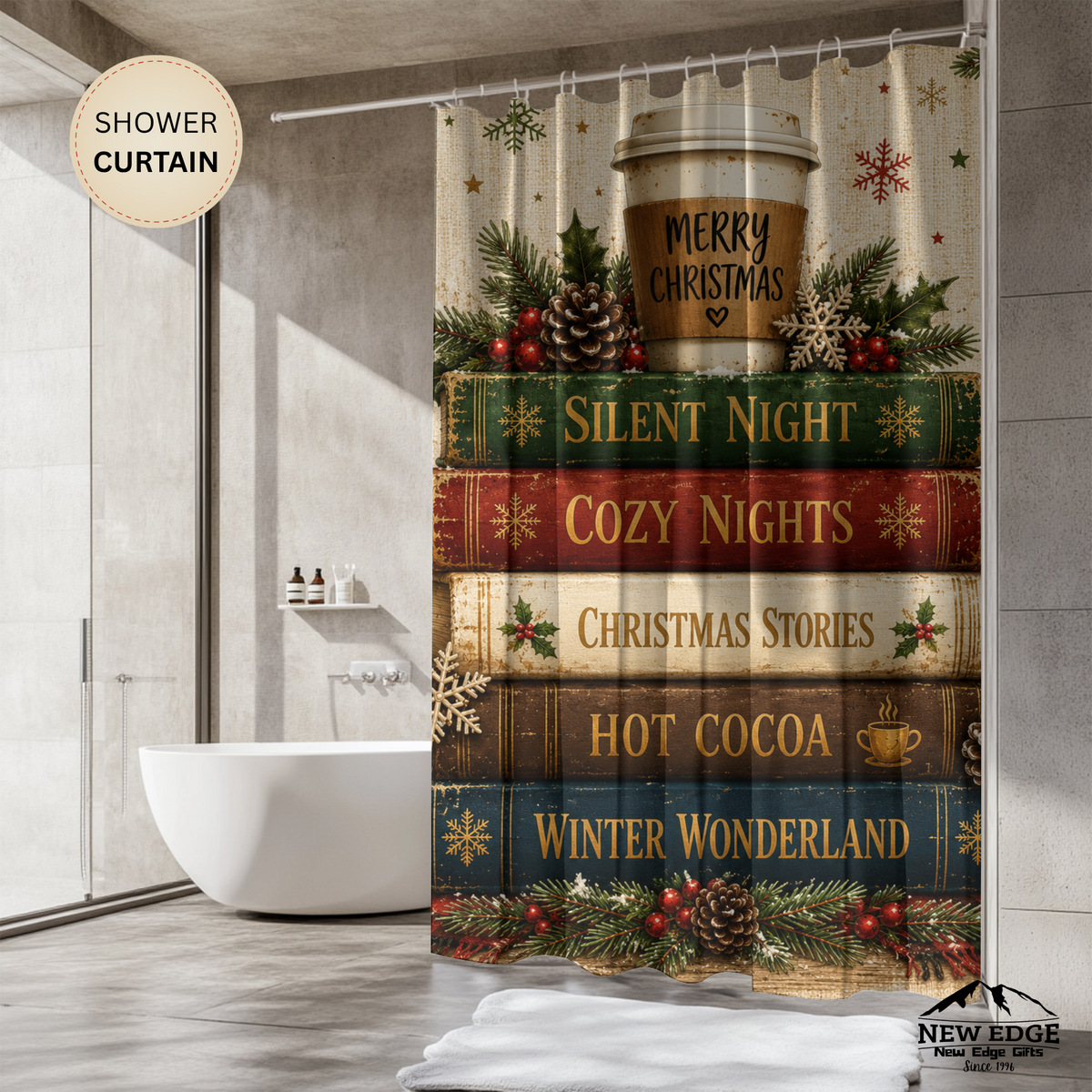 Christmas Book Stack Shower Curtain Silent Night Hot Cocoa Winter Wonderland Rustic Farmhouse Holiday Bathroom Decor