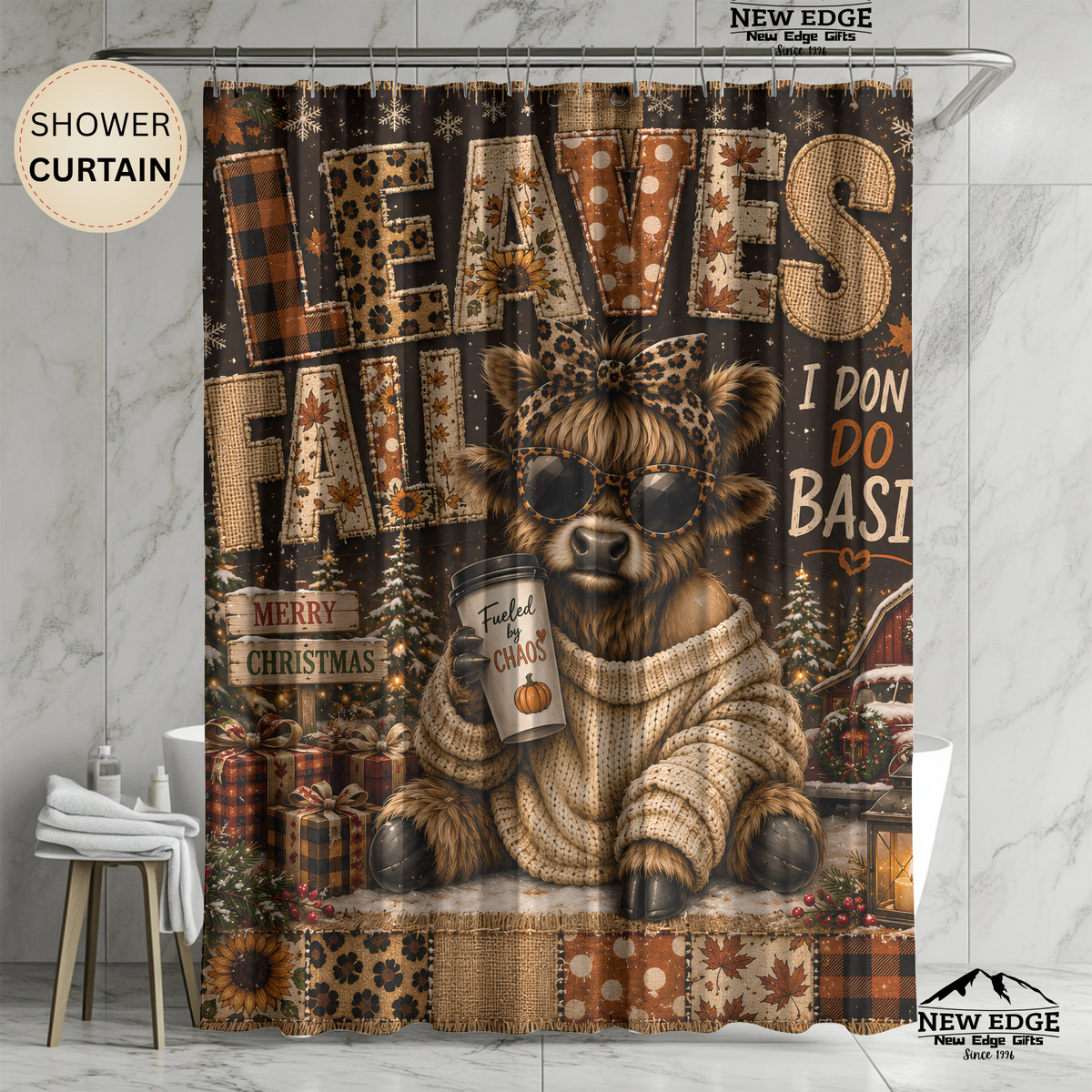 Christmas Highland Cow Shower Curtain Cozy Sweater Leopard Print Merry Christmas Rustic Farmhouse Holiday Bathroom Decor