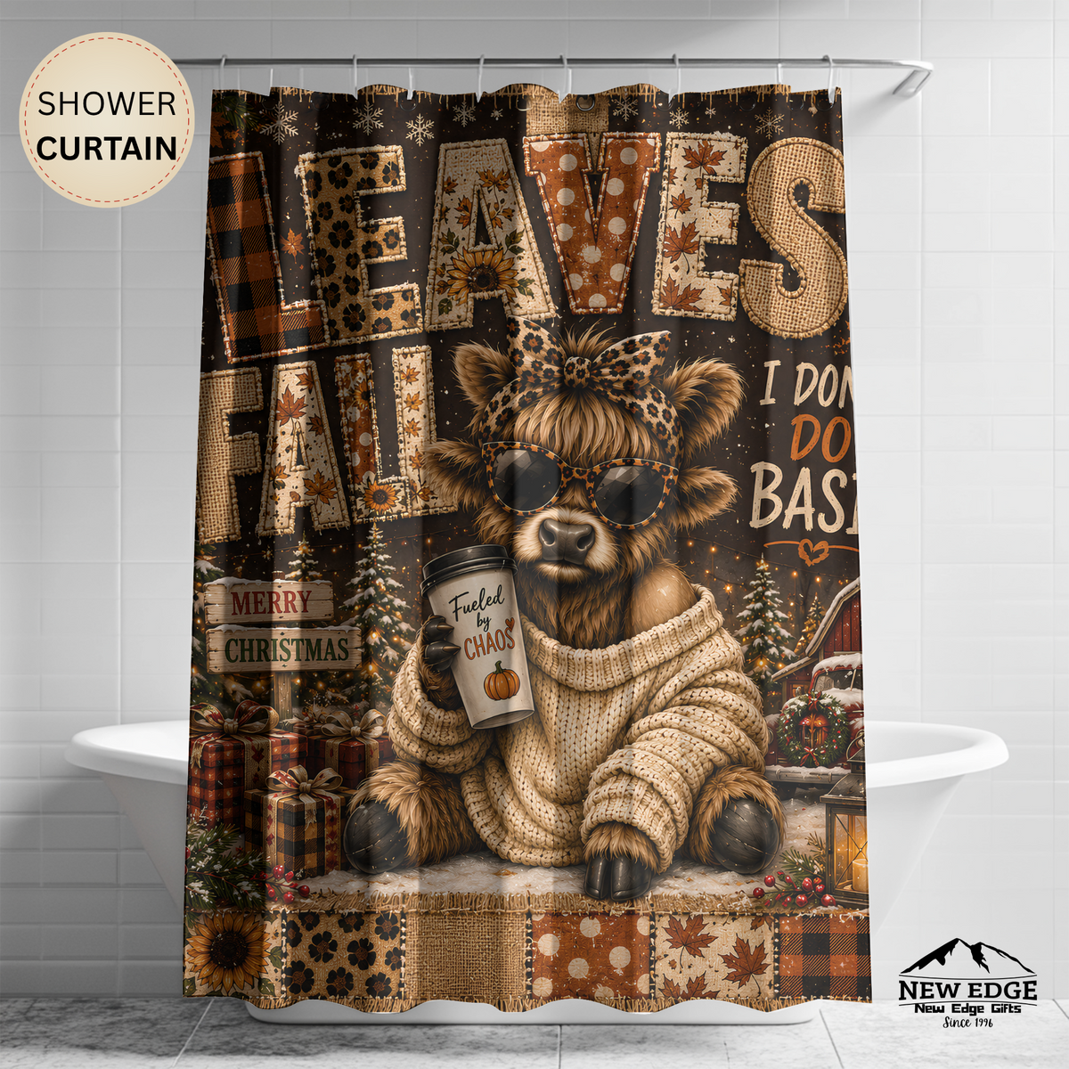 Christmas Highland Cow Shower Curtain Cozy Sweater Leopard Print Merry Christmas Rustic Farmhouse Holiday Bathroom Decor