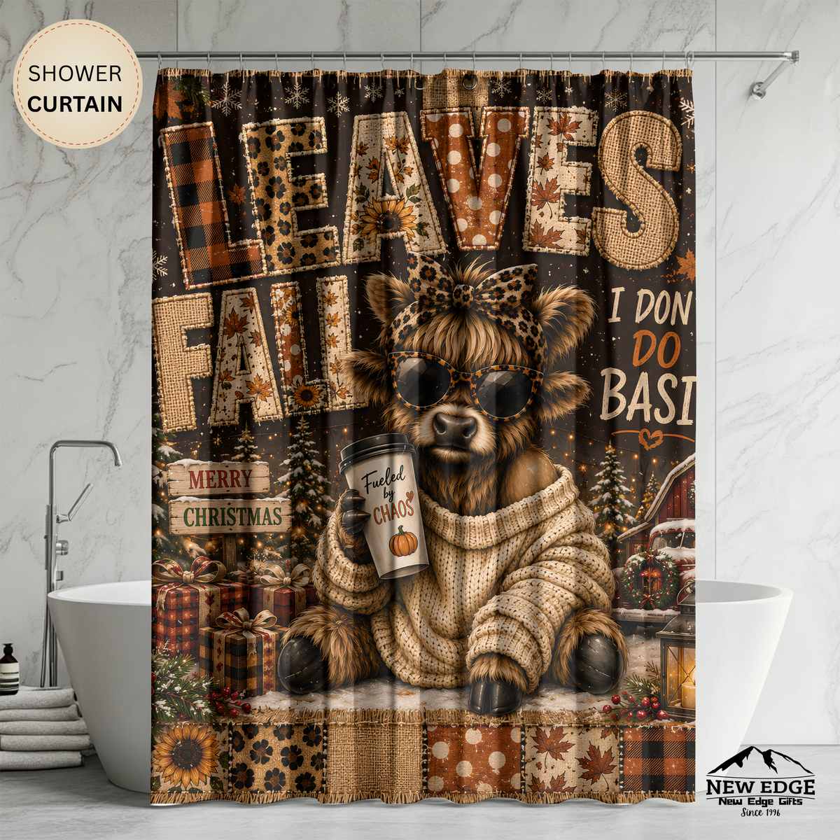 Christmas Highland Cow Shower Curtain Cozy Sweater Leopard Print Merry Christmas Rustic Farmhouse Holiday Bathroom Decor