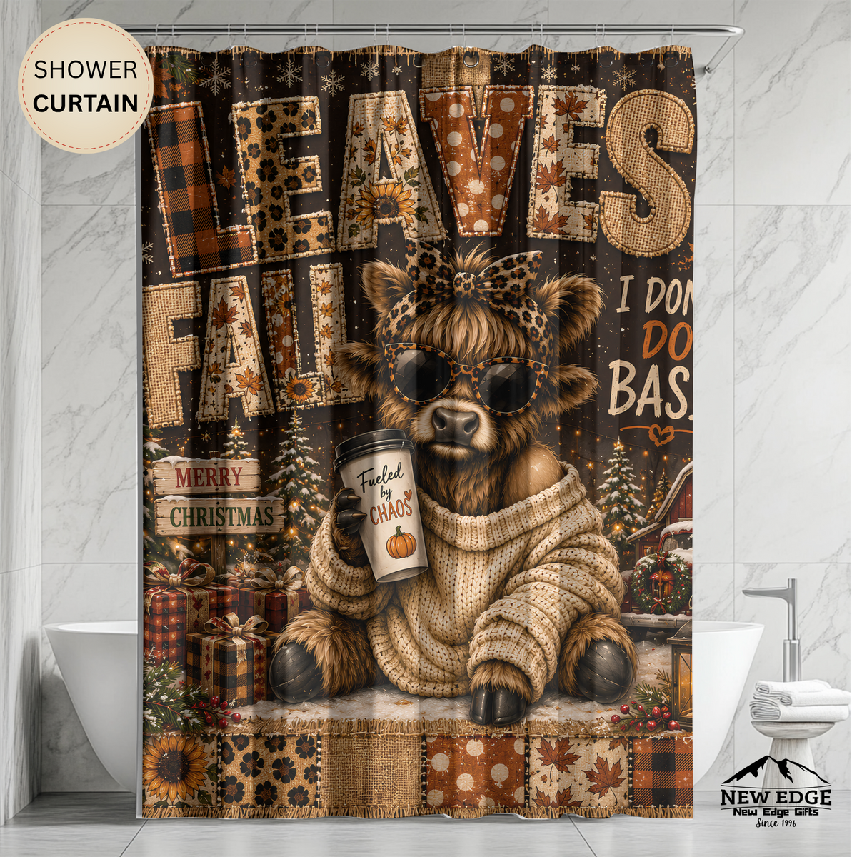 Christmas Highland Cow Shower Curtain Cozy Sweater Leopard Print Merry Christmas Rustic Farmhouse Holiday Bathroom Decor