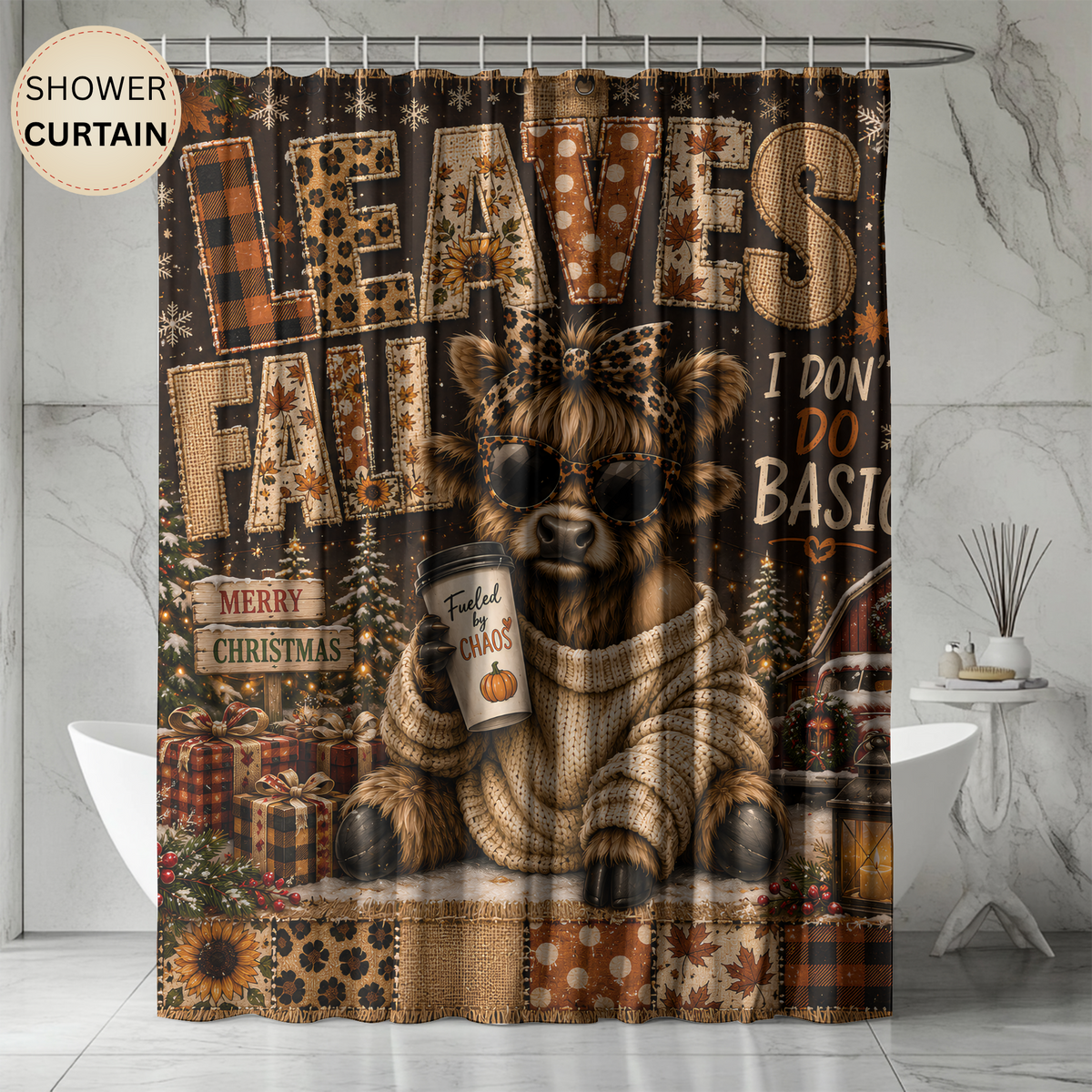 Christmas Highland Cow Shower Curtain Cozy Sweater Leopard Print Merry Christmas Rustic Farmhouse Holiday Bathroom Decor
