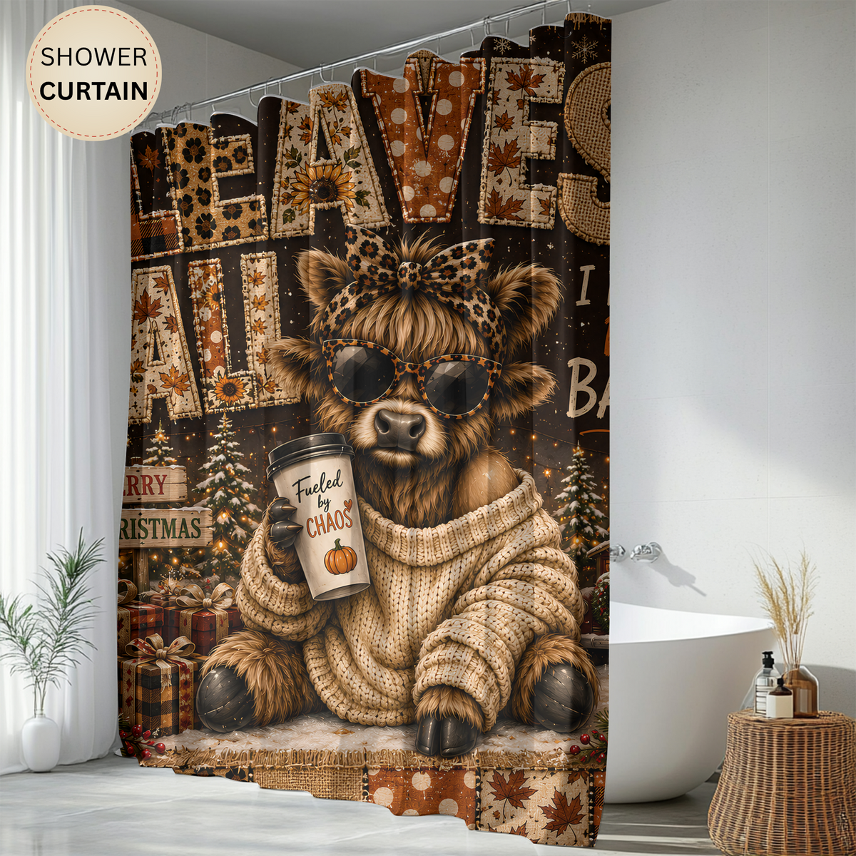 Christmas Highland Cow Shower Curtain Cozy Sweater Leopard Print Merry Christmas Rustic Farmhouse Holiday Bathroom Decor