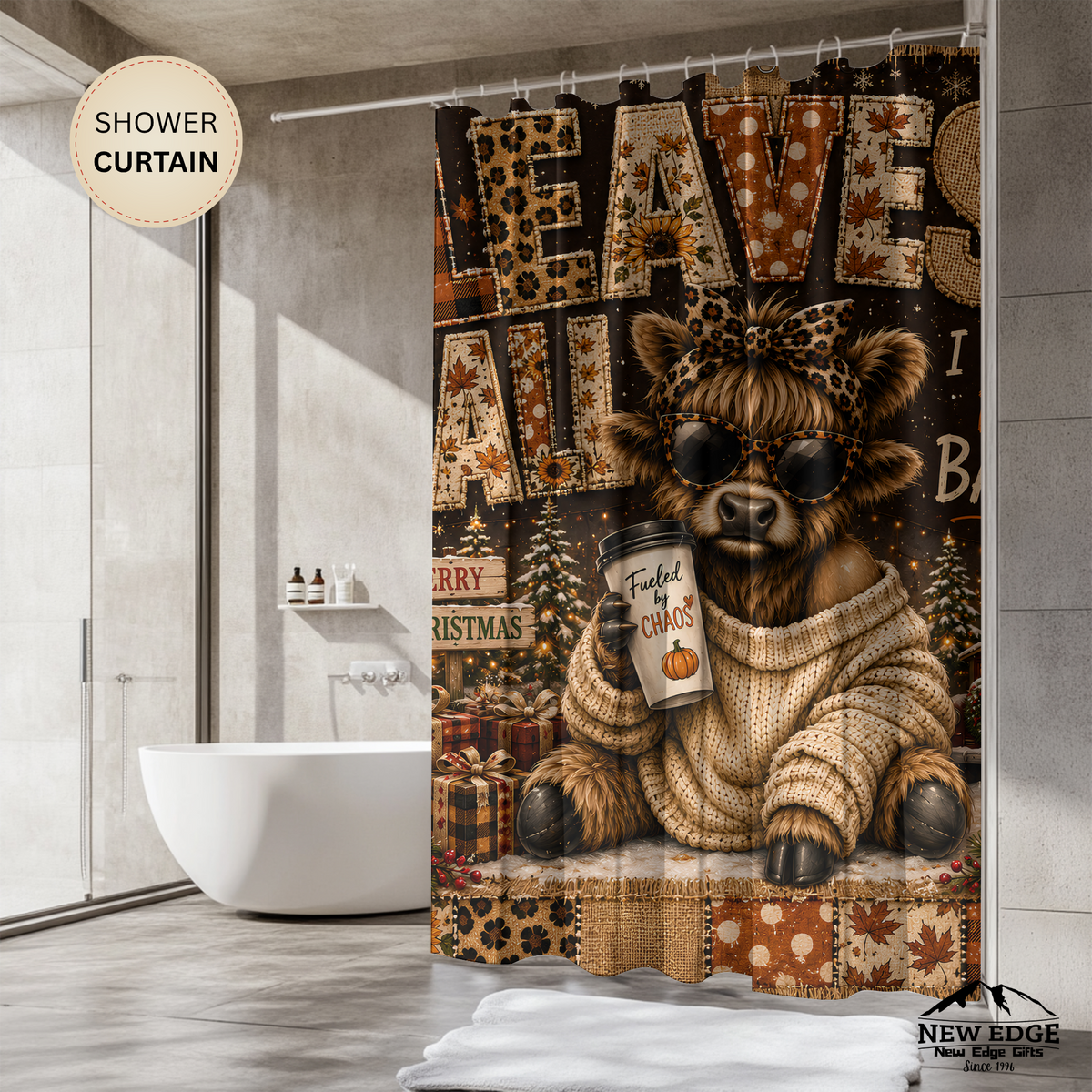 Christmas Highland Cow Shower Curtain Cozy Sweater Leopard Print Merry Christmas Rustic Farmhouse Holiday Bathroom Decor