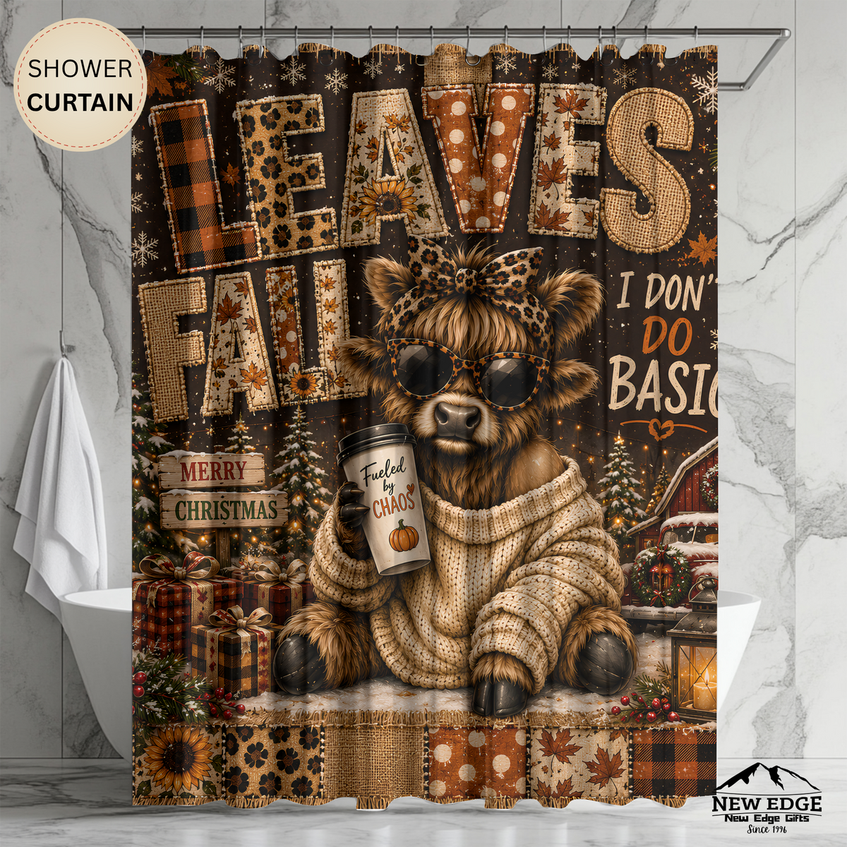 Christmas Highland Cow Shower Curtain Cozy Sweater Leopard Print Merry Christmas Rustic Farmhouse Holiday Bathroom Decor