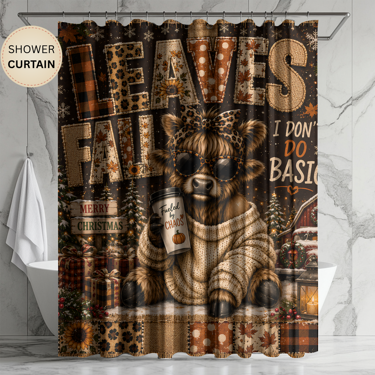 Christmas Highland Cow Shower Curtain Cozy Sweater Leopard Print Merry Christmas Rustic Farmhouse Holiday Bathroom Decor