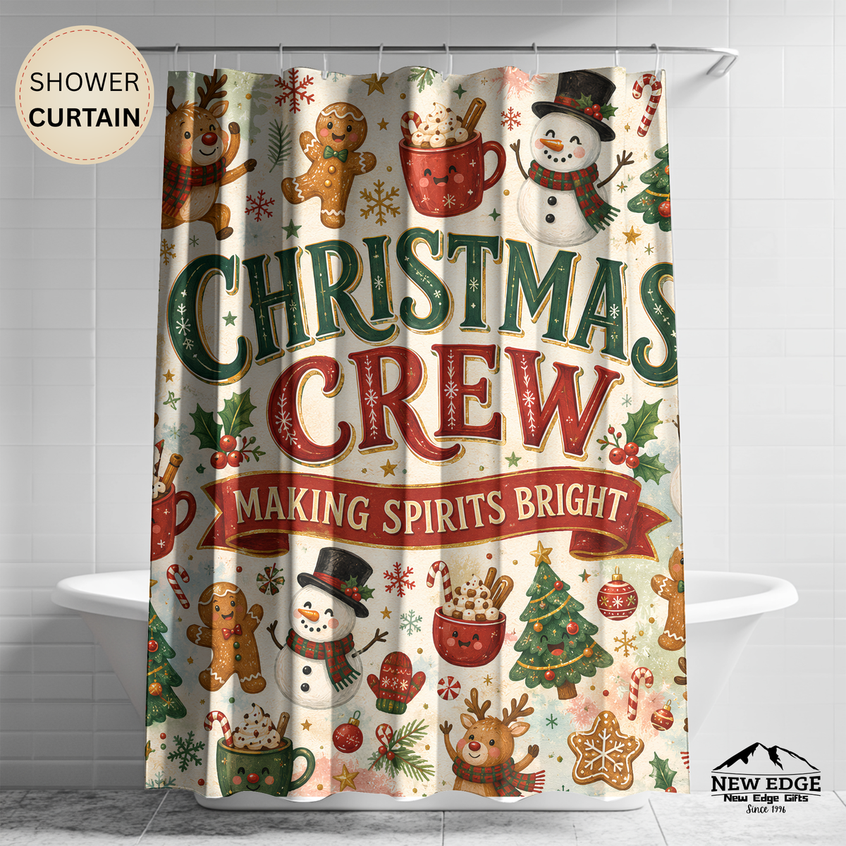 Christmas Crew Shower Curtain Making Spirits Bright Reindeer Gingerbread Snowman Cocoa Holiday Bathroom Decor