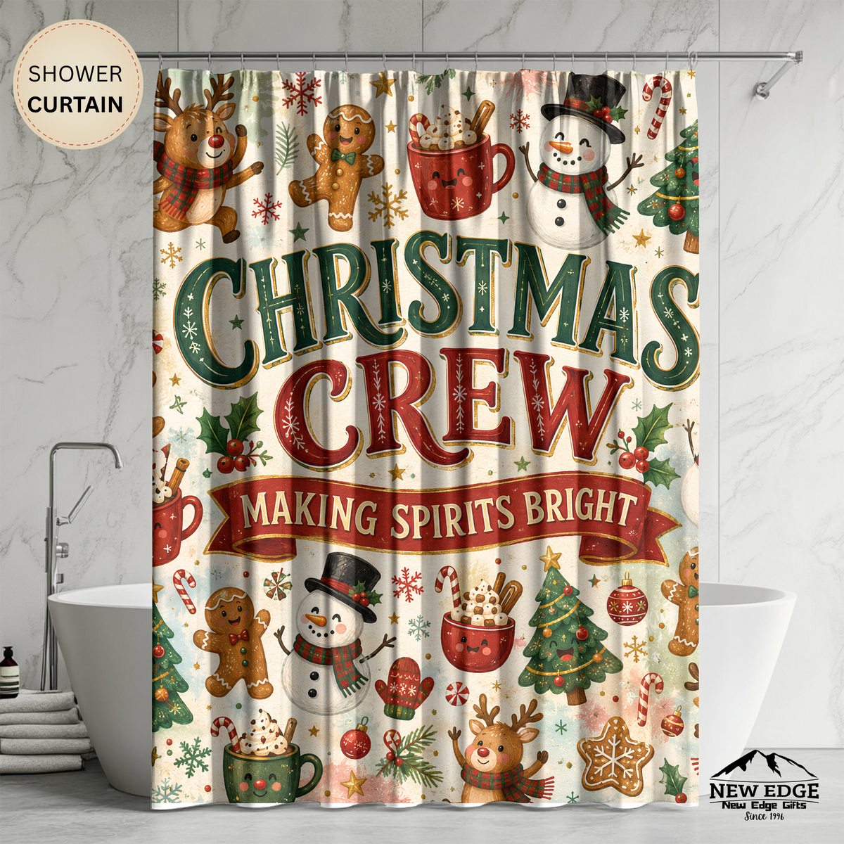 Christmas Crew Shower Curtain Making Spirits Bright Reindeer Gingerbread Snowman Cocoa Holiday Bathroom Decor