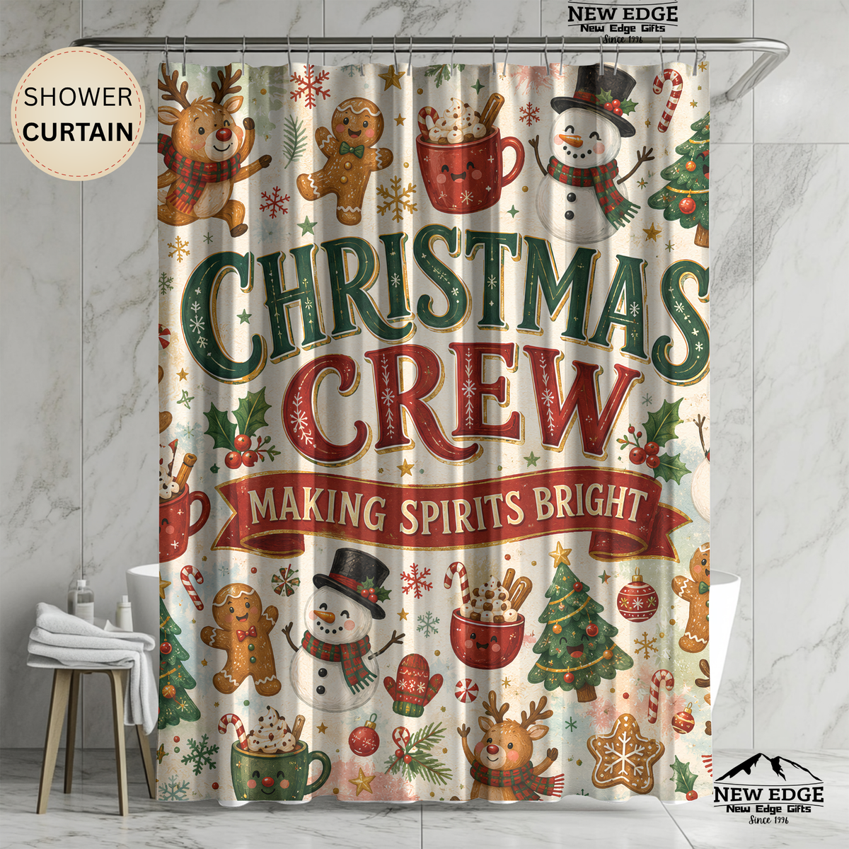 Christmas Crew Shower Curtain Making Spirits Bright Reindeer Gingerbread Snowman Cocoa Holiday Bathroom Decor