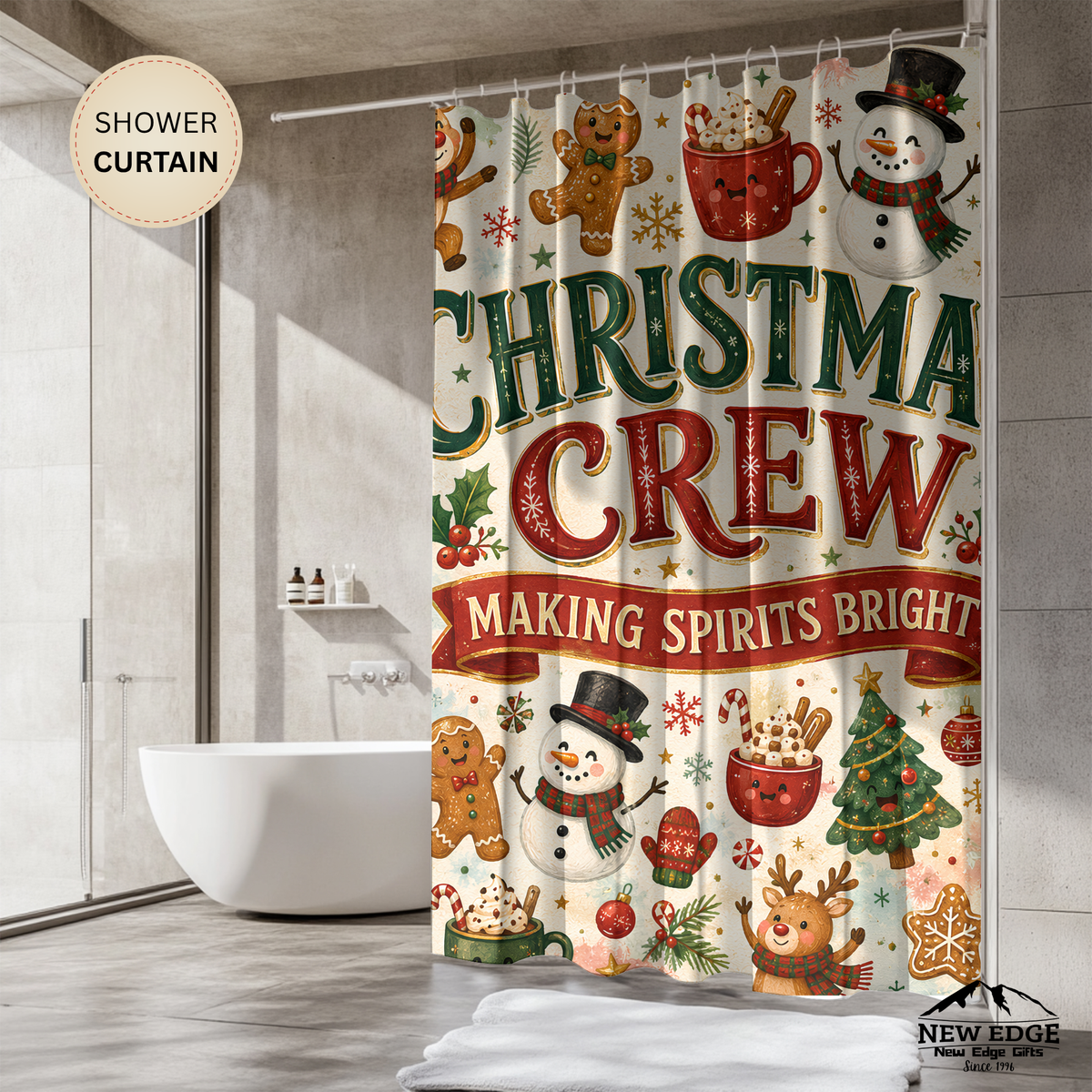 Christmas Crew Shower Curtain Making Spirits Bright Reindeer Gingerbread Snowman Cocoa Holiday Bathroom Decor