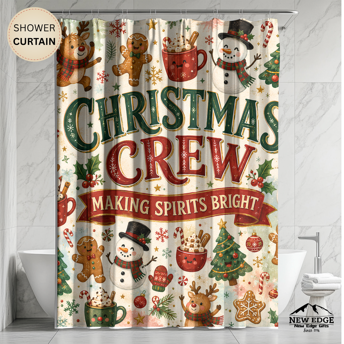 Christmas Crew Shower Curtain Making Spirits Bright Reindeer Gingerbread Snowman Cocoa Holiday Bathroom Decor