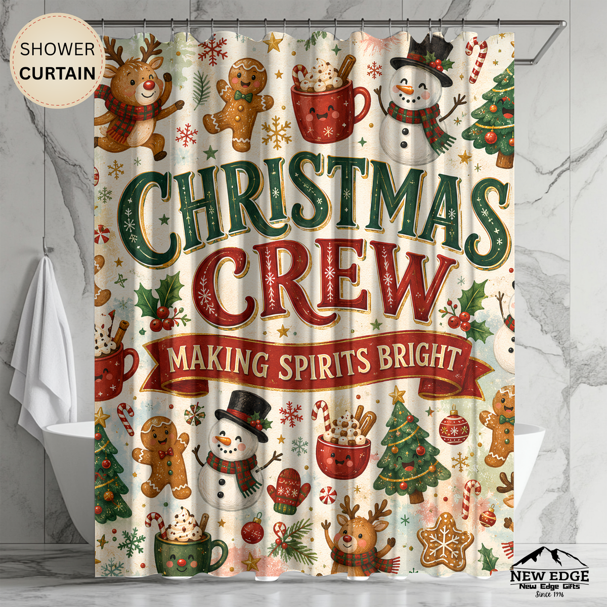 Christmas Crew Shower Curtain Making Spirits Bright Reindeer Gingerbread Snowman Cocoa Holiday Bathroom Decor