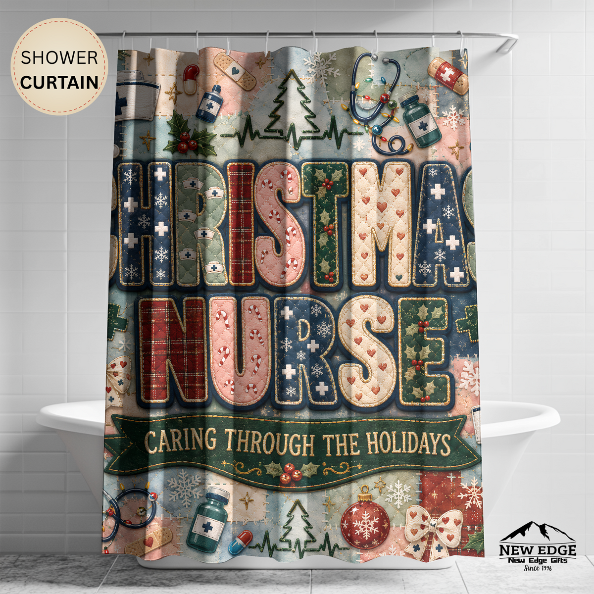 Christmas Nurse Shower Curtain Caring Through the Holidays Faux Patchwork Medical Holiday Bathroom Decor Nurse Gift