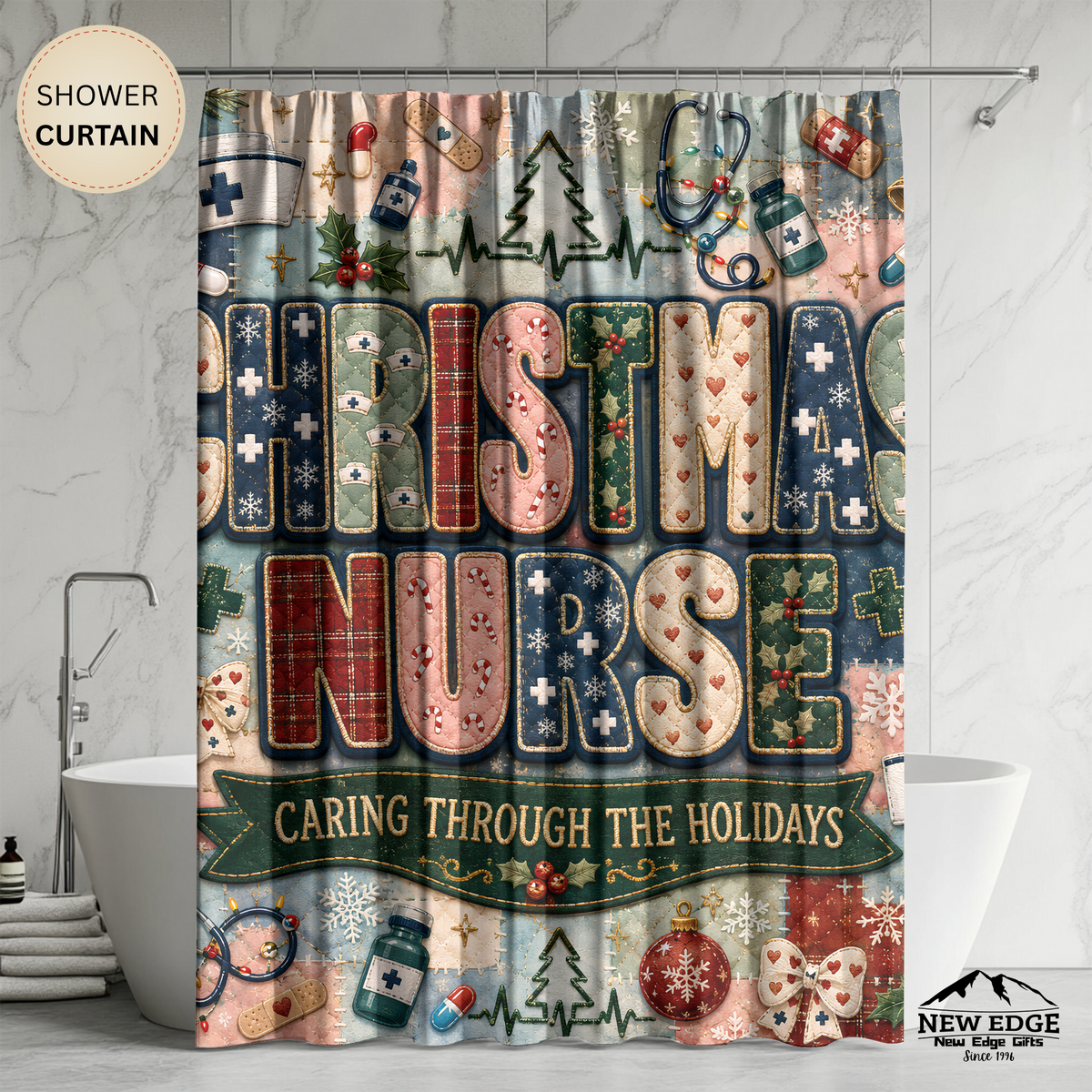 Christmas Nurse Shower Curtain Caring Through the Holidays Faux Patchwork Medical Holiday Bathroom Decor Nurse Gift