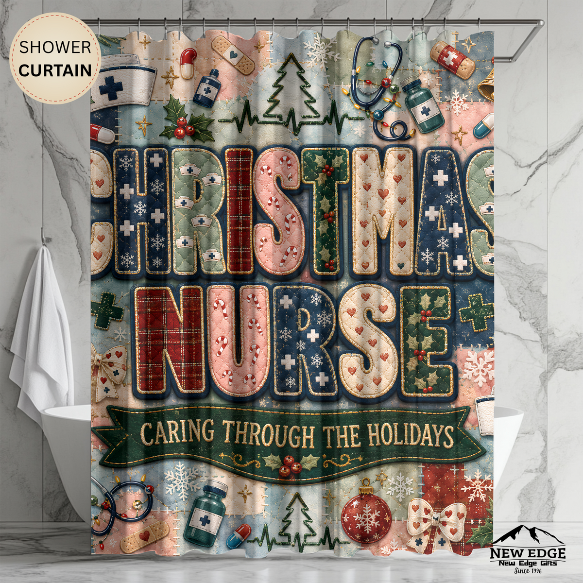 Christmas Nurse Shower Curtain Caring Through the Holidays Faux Patchwork Medical Holiday Bathroom Decor Nurse Gift