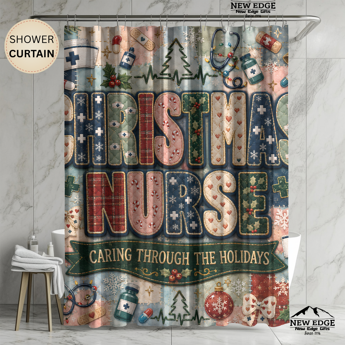Christmas Nurse Shower Curtain Caring Through the Holidays Faux Patchwork Medical Holiday Bathroom Decor Nurse Gift