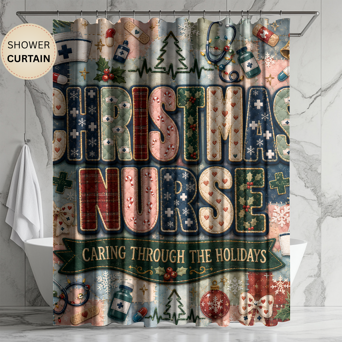 Christmas Nurse Shower Curtain Caring Through the Holidays Faux Patchwork Medical Holiday Bathroom Decor Nurse Gift