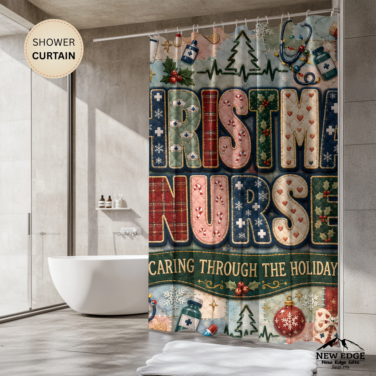 Christmas Nurse Shower Curtain Caring Through the Holidays Faux Patchwork Medical Holiday Bathroom Decor Nurse Gift