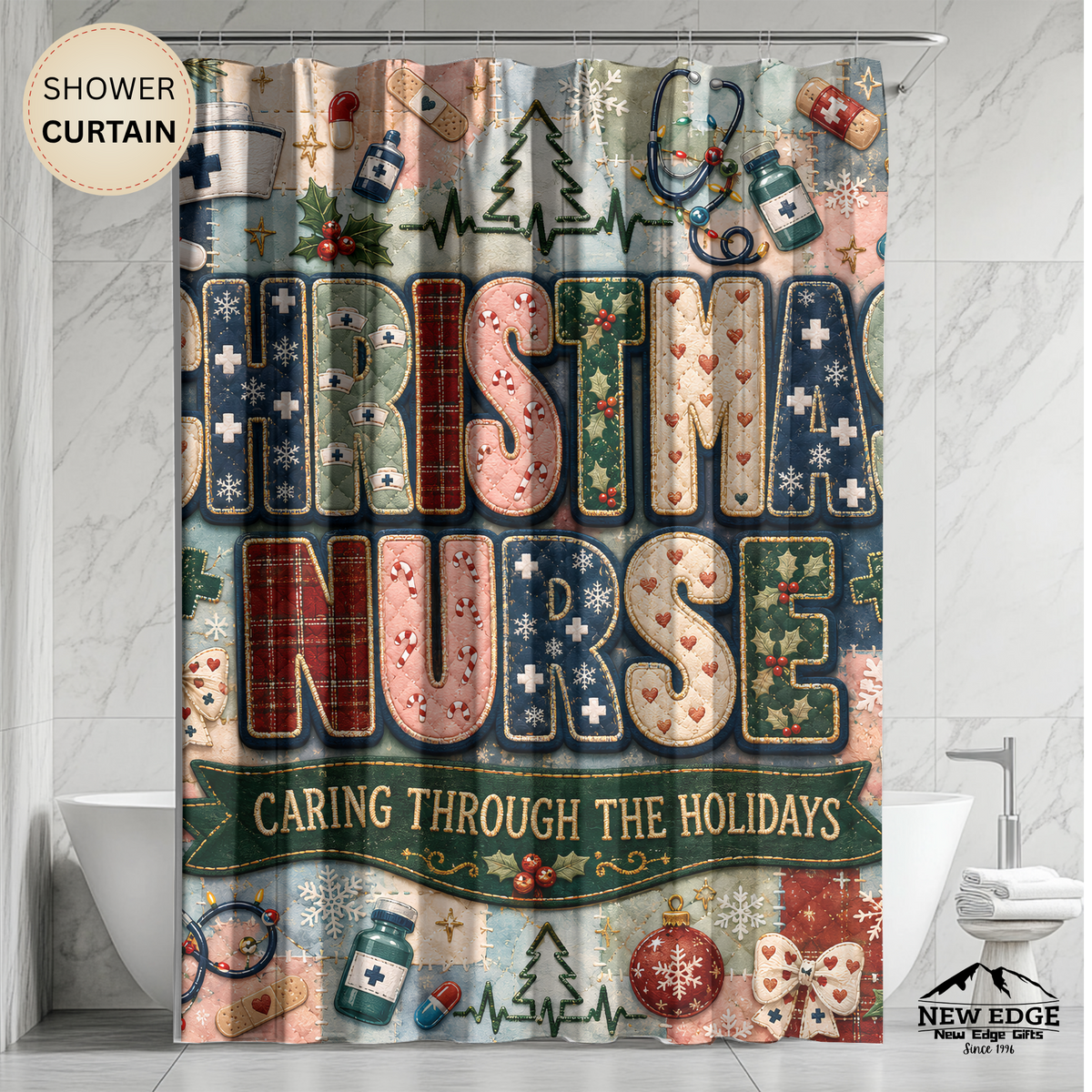 Christmas Nurse Shower Curtain Caring Through the Holidays Faux Patchwork Medical Holiday Bathroom Decor Nurse Gift