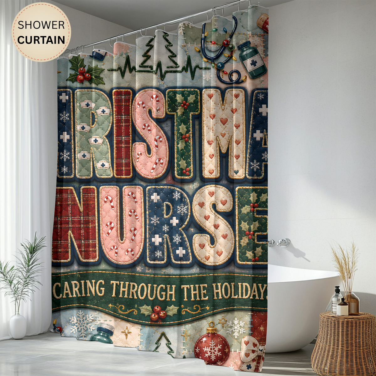Christmas Nurse Shower Curtain Caring Through the Holidays Faux Patchwork Medical Holiday Bathroom Decor Nurse Gift
