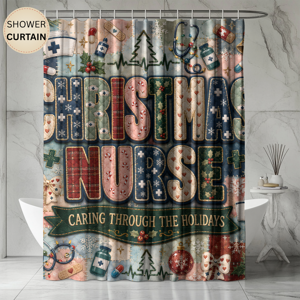 Christmas Nurse Shower Curtain Caring Through the Holidays Faux Patchwork Medical Holiday Bathroom Decor Nurse Gift