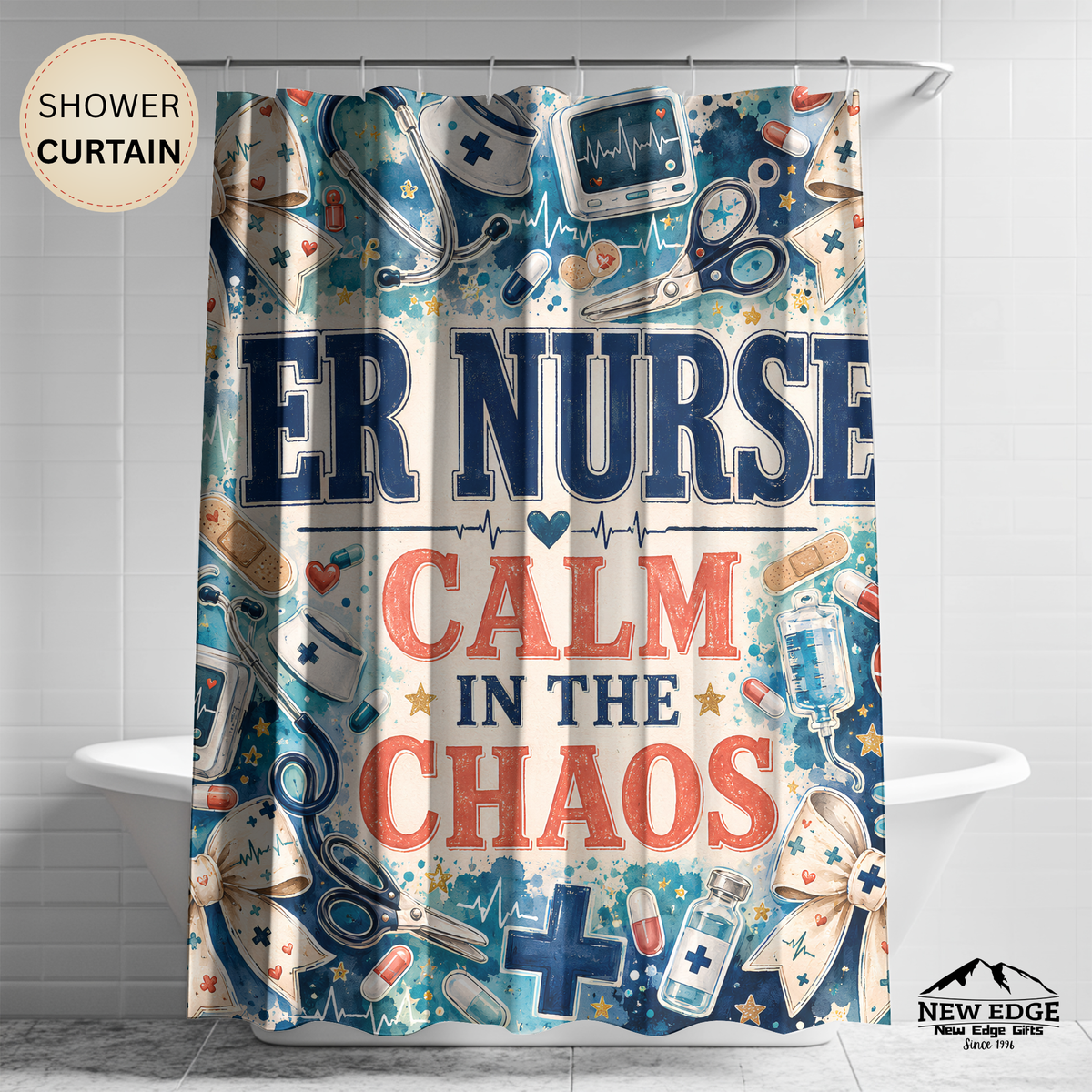 ER Nurse Shower Curtain — "Calm in the Chaos" Hospital Medical Bathroom Decor
