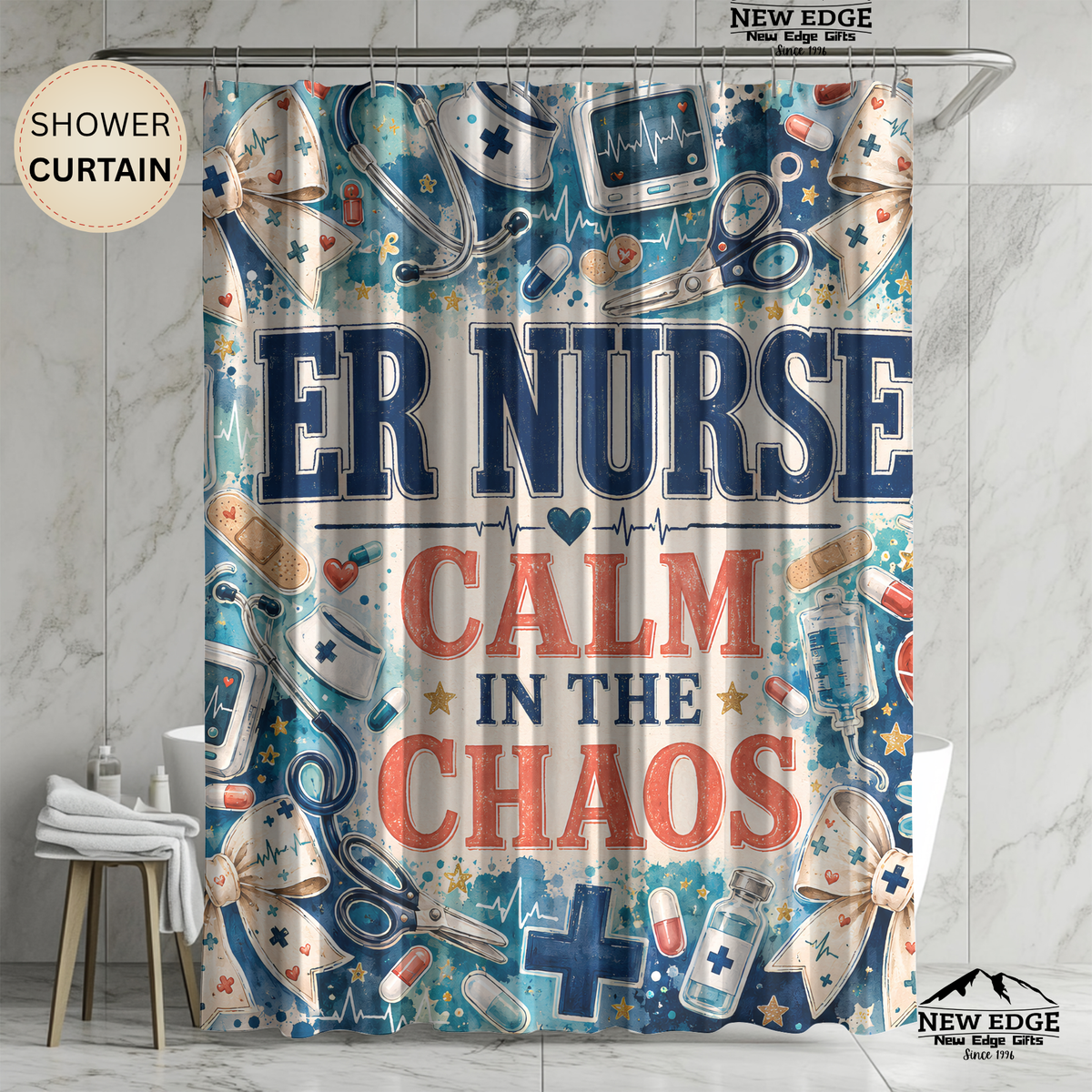 ER Nurse Shower Curtain — "Calm in the Chaos" Hospital Medical Bathroom Decor
