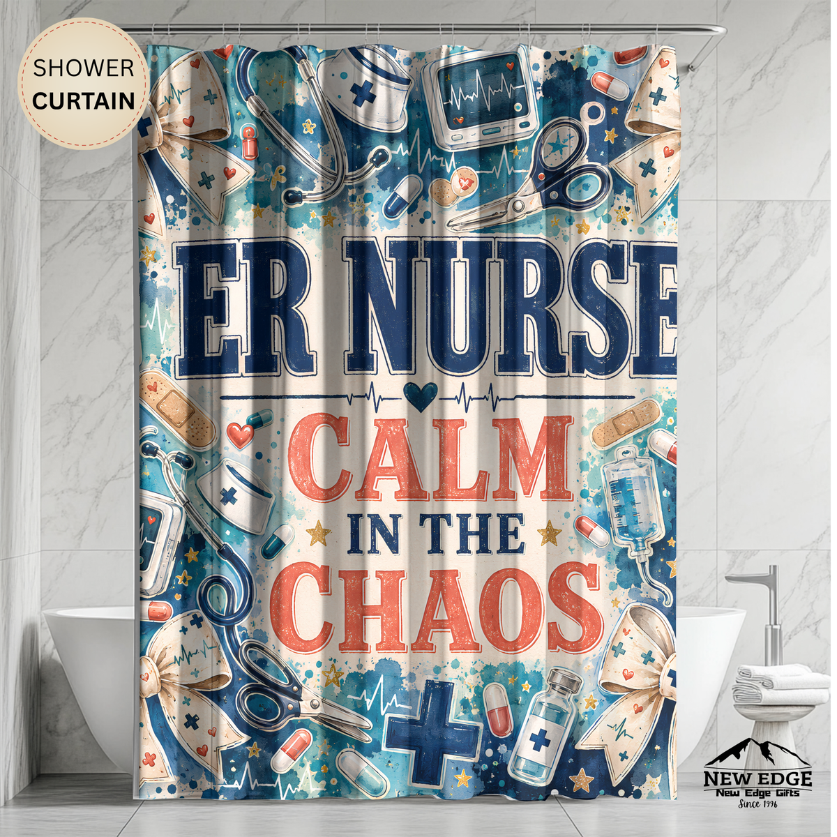 ER Nurse Shower Curtain — "Calm in the Chaos" Hospital Medical Bathroom Decor
