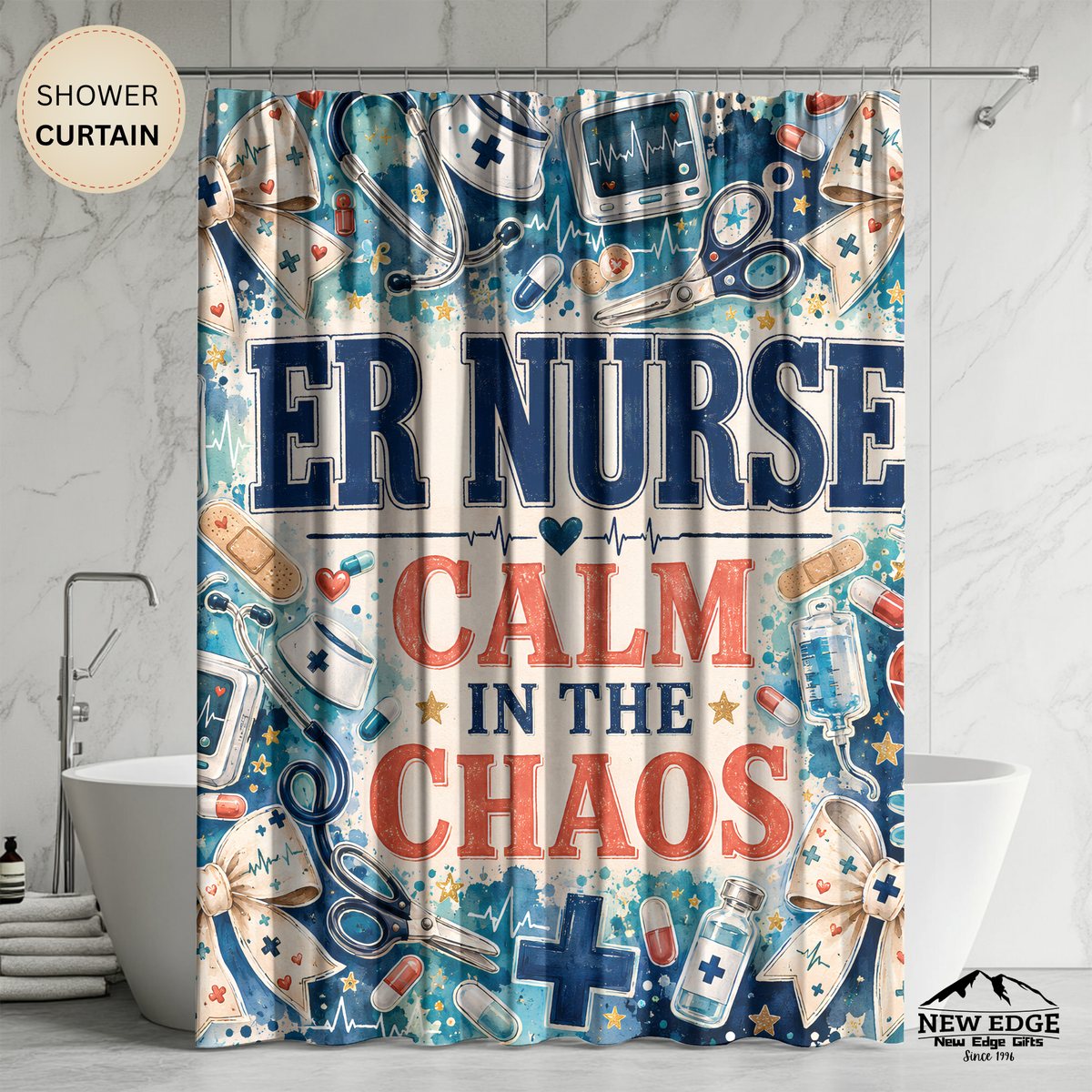 ER Nurse Shower Curtain — "Calm in the Chaos" Hospital Medical Bathroom Decor