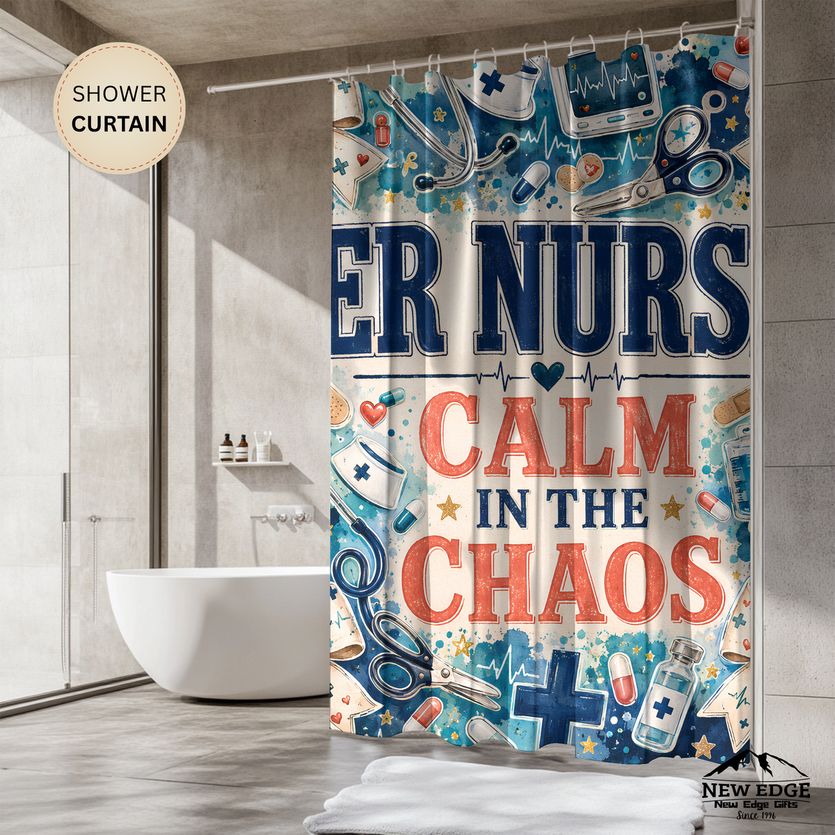 ER Nurse Shower Curtain — "Calm in the Chaos" Hospital Medical Bathroom Decor