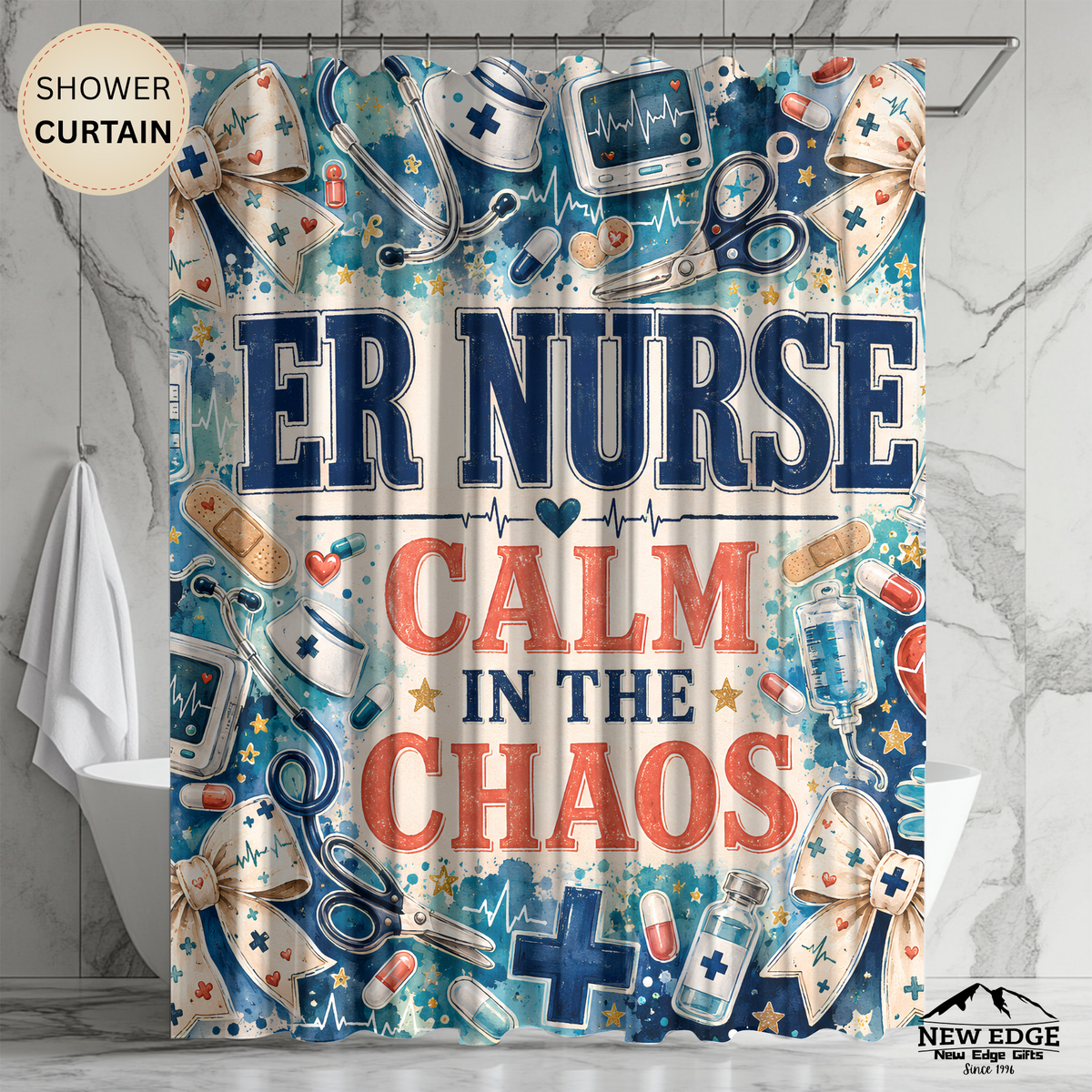 ER Nurse Shower Curtain — "Calm in the Chaos" Hospital Medical Bathroom Decor